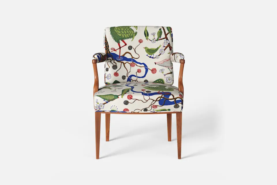 Fåtöljer|Karmstolar*Josef Frank Karmstol 969 Kederband Sitthöjd 47 cm Gröna Fåglar, Multi